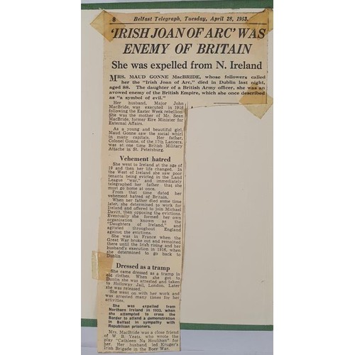 94 - Gonne, Maud]. McBride, Maud Gonne. A Servant of the Queen. Her Own Story, 1950, related items tipped... 