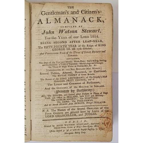 240 - J.W. Stewart. The Gentleman's and Citizen's Almanac for 1814. Fine folding map of City of Dublin. Co... 