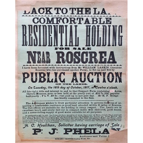 270 - Tipperary Roscrea auction poster of residential holding and lands, 1917, 45cm x 55cms mounted on car... 