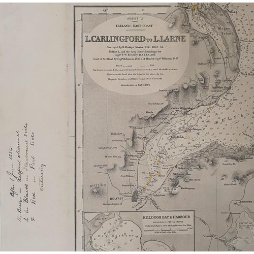 526 - Large Sea Chart, size 32 - 27 inches of East Coast of Ireland - Carlingford to Lough Larne. 1884