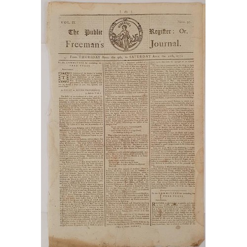 686 - [18th century Irish newspaper] The Public Register or Freeman’s Journal, April 9th 1772. Dubli... 