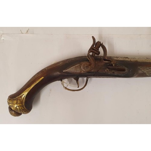 49 - c.1760 Flintlock Pistol with Decorated Brass Panels and Inlay, c.42.5cm long