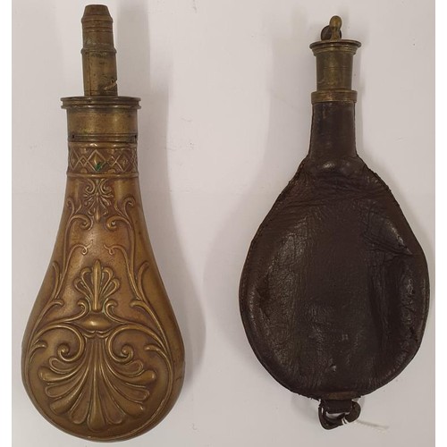 53 - Moulded Copper Powder Flask and a Leather Powder Flask (2)