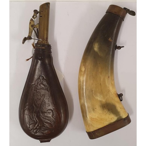 55 - Embossed Leather and Brass Mounted Powder Flask and a Horn Flask (3)