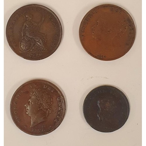 75 - King George IV Copper Penny 1825 (1st year of issue), 1826, an 1854 Queen Victorian Penny and an 180... 