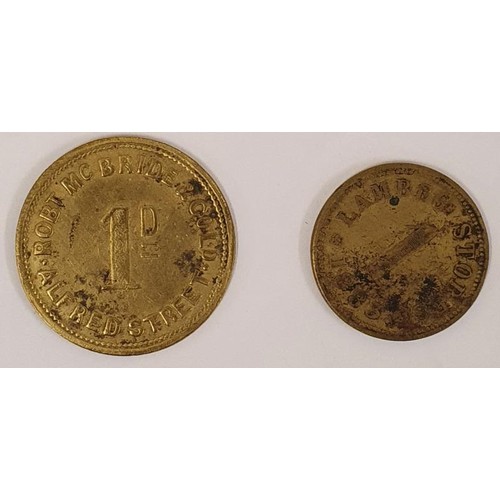 92 - Robert McBride & Co Ltd, Alfred Street 1 D token; and Lambeg Stores 1883 1D Token (2)