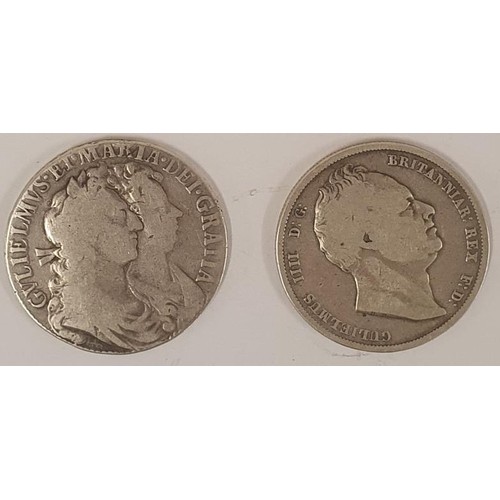 101 - 1689 William And Mary Silver Half Crown; William IIII 1837 Silver Shilling (2)