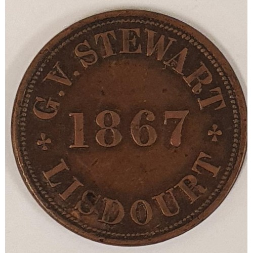 109 - Lisdourt, County Tyrone 1 Shilling Token - G. V. Stewart Lisdourt 1867 rev: 1.0 beaded border