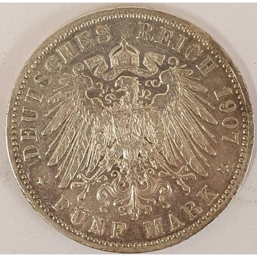 117 - German Empire 5 mark, 1907, Wilhelm II, Silver Coin