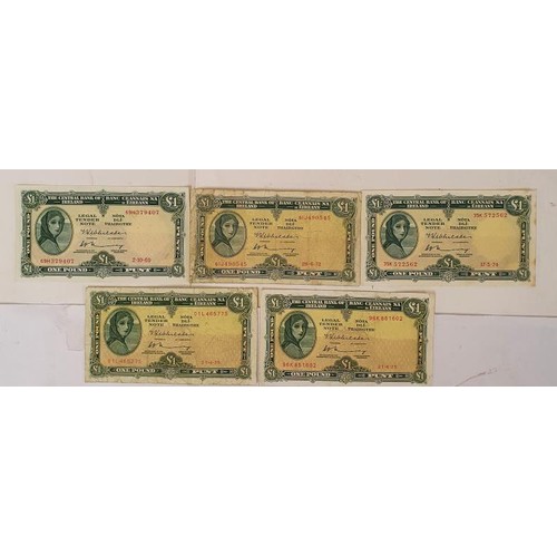 147 - Irish Bank Notes - Five Lady Lavery £1 - 2.10.69, 28.6.72, 17.5.74, 21.4.75 and 21.4.75 (5)