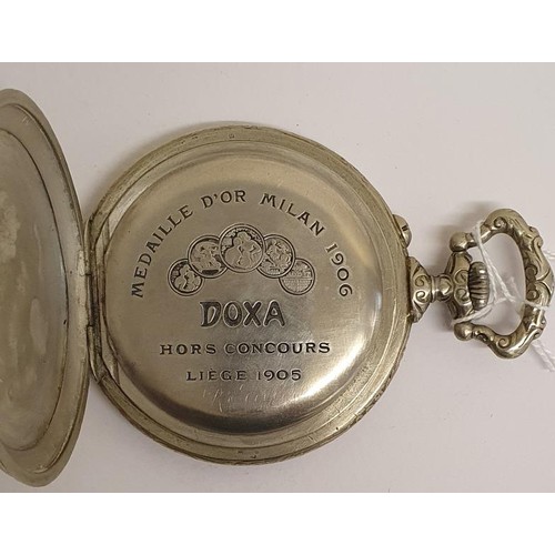 182 - Doxa Railroader Pocket Watch with bold relief Hunting Scene. Swiss made with inscription inside 