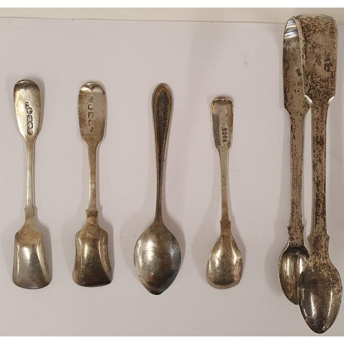 196 - Irish Silver Salt Spoons and a silver sugar tongs, c.90grams