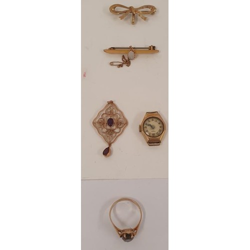 201 - Collection of 9ct Gold and Costume Jewellery - 9ct Brooches x 2, Ring, Lady's Watch Case, String of ... 