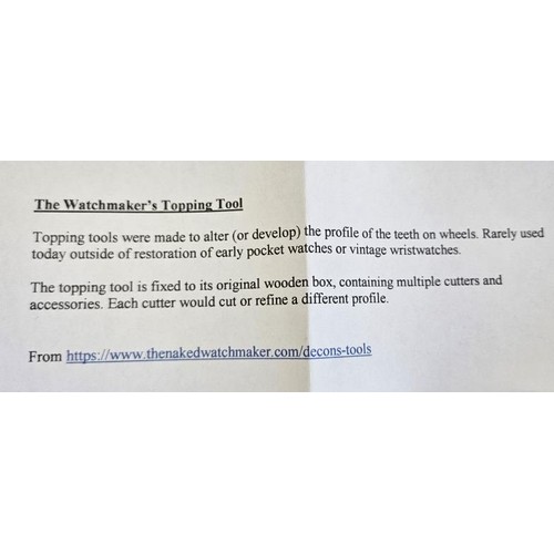 214 - Watchmaker's Topping Tool - made to alter (or develop) the profile of the teeth on wheels. Complete ... 