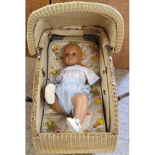 228 - Vintage Two Tone Wicker Metamorphic Child's Pram with chrome mudguards, c.42in x 37in x 18in