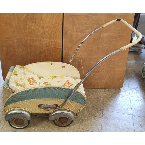 228 - Vintage Two Tone Wicker Metamorphic Child's Pram with chrome mudguards, c.42in x 37in x 18in