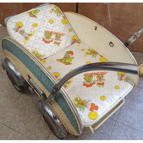 228 - Vintage Two Tone Wicker Metamorphic Child's Pram with chrome mudguards, c.42in x 37in x 18in