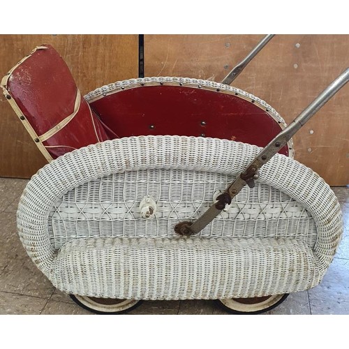 233 - Art Deco Wicker and Red Leather Child's Pram with metal sprung suspension, c.36in x c.33in x 21in