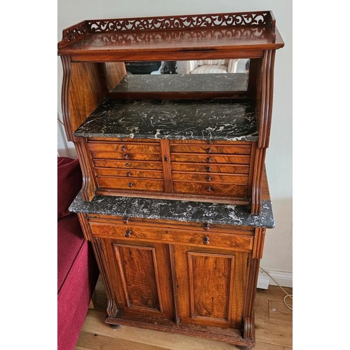 252 - Rare Victorian Walnut Dentist's Cabinet - With a galleried top above a mirror and grey marble shelf,... 