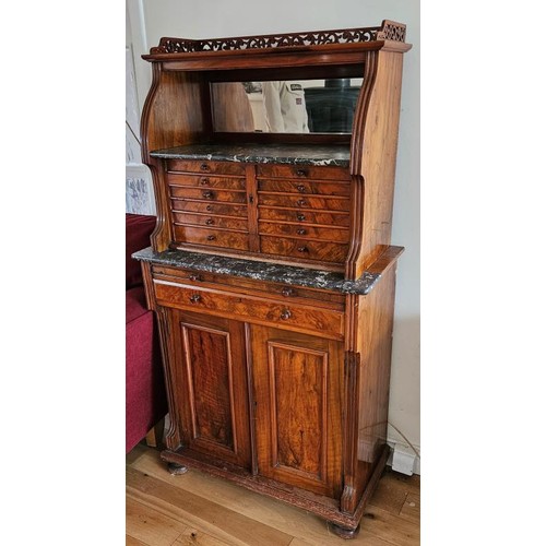 252 - Rare Victorian Walnut Dentist's Cabinet - With a galleried top above a mirror and grey marble shelf,... 