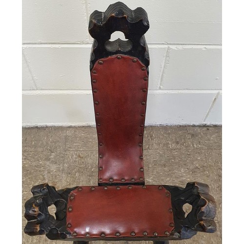 262 - Carved Pine Cock Fighting Chair with red leather upholstered panels