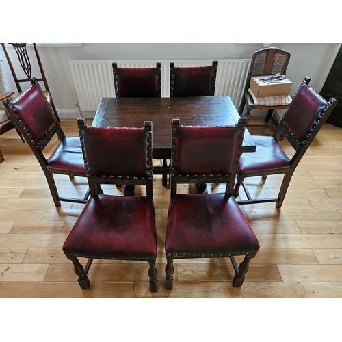 266 - Vintage Oak Dining Room Suite, comprising extending dining table and a set of 6 carved and leather u... 