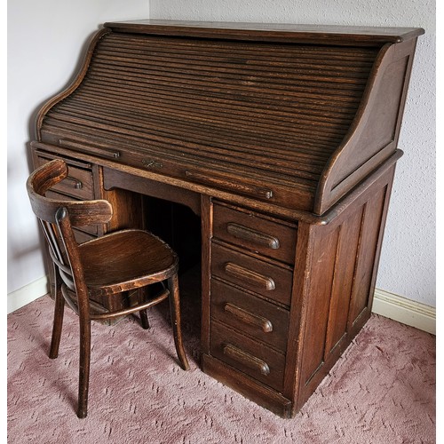 274 - Edwardian Oak Roll Top Desk, with the tambour front enclosing and arrangement of drawers and pigeon ... 