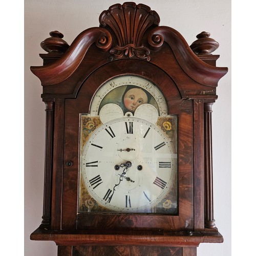 336 - Very fine Georgian Flame Mahogany Case Grandfather Clock. The carved feather and shaped top over a m... 