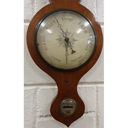 340 - Victorian Wheel Barometer with Thermometer, onion top oak case with silvered and ceramic dials &... 