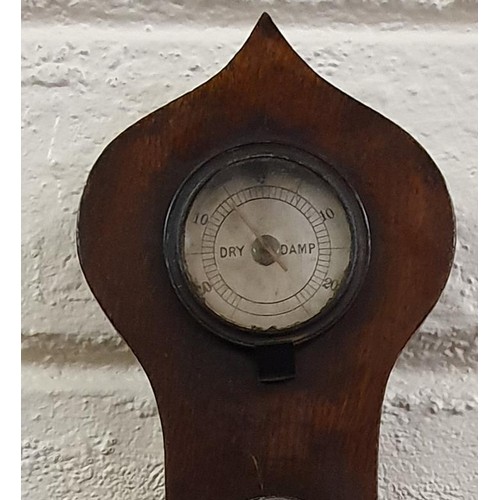 340 - Victorian Wheel Barometer with Thermometer, onion top oak case with silvered and ceramic dials &... 