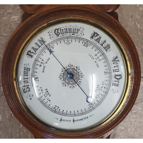 341 - Nice Late Victorian Ornate Carved Oak Framed Banjo Barometer/Thermometer with printed ceramic dial, ... 