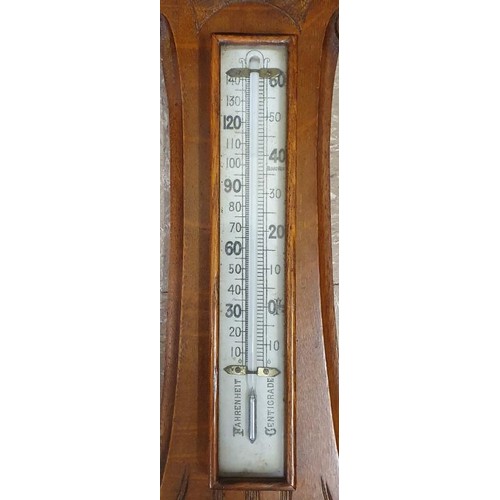 341 - Nice Late Victorian Ornate Carved Oak Framed Banjo Barometer/Thermometer with printed ceramic dial, ... 