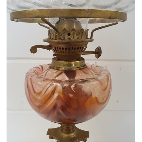 345 - Victorian Brass Corinthian Column Oil Lamp with Pink/Orange Reservoir and Clear/Blue Shade, c.28.5in... 