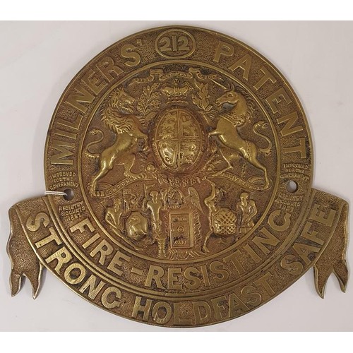 412 - Milner's Patent, Fire-Resistant Strong Holdfast Safe - Brass Plaque, c.26.5cm wide, 23cm tall