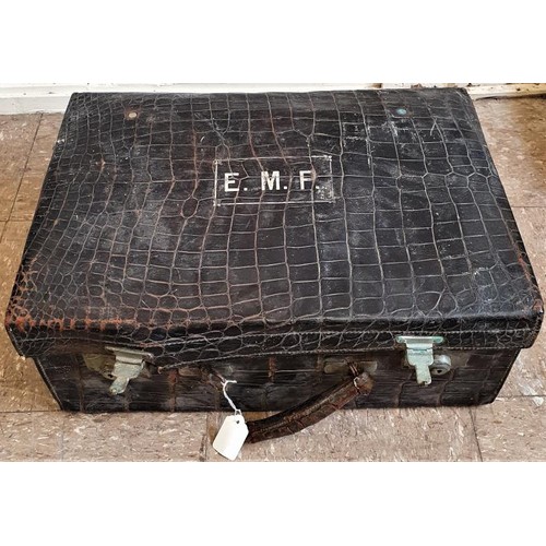 422 - Crocodile Skin Travel Case, with green silk lining with some original silver top fittings, blotter e... 