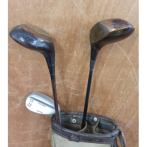 428 - Old Canvas Golf Bag with 3 Clubs