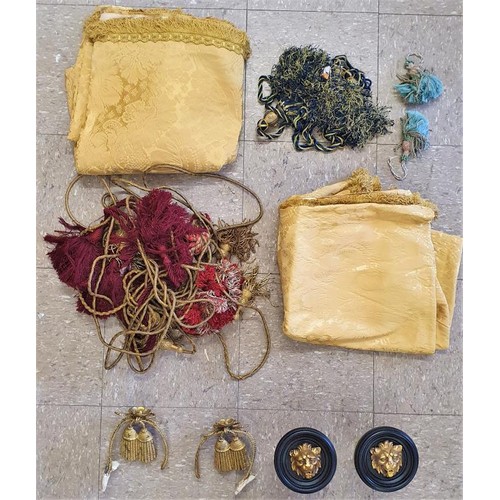 442 - A Pair of Mustard Coloured Damask Silk Curtains; A Pair Of Ormolu Curtain Tie Backs, a pair of Lion ... 