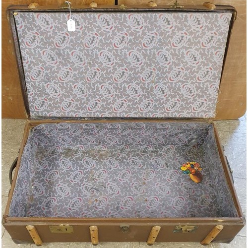 444 - Vintage Flat Top and Bentwood Strapped Steamer Trunk, c.37in wide.