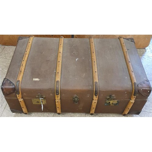 444 - Vintage Flat Top and Bentwood Strapped Steamer Trunk, c.37in wide.