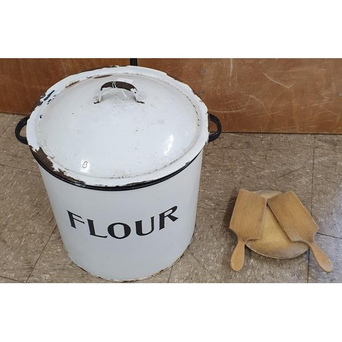 457 - Large Vintage Enamel Flour Bin with original lid (c.15in tall), a pair of butter bats etc.