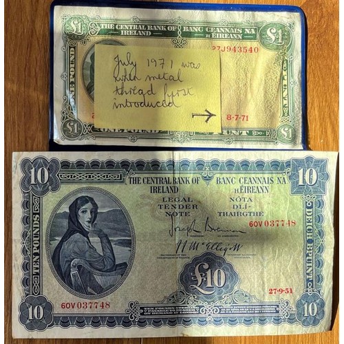 150 - Two Lady Lavery notes £10 from 27/09/51 and £1 from 08/07/71 when the metal tread was first introduc... 