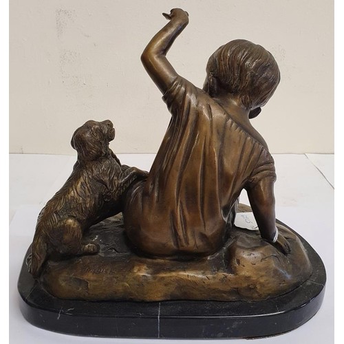 208 - Bronze Sculpture of a Small Child Playing with a Dog on a marble base, signed 