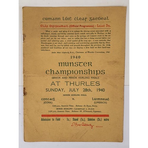 108 - Munster Championships senior and minor hurling Finals at Thurles, Sunday July 28th, 1940. Programme.... 