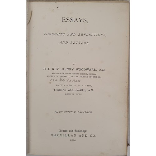 205 - Rev. Henry Woodward. Essays. 1864. Frontispiece portrait. Hard line Church of Ireland Rector in Feth... 