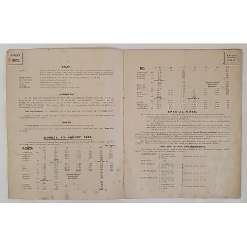 301 - Londonderry and Lough Swilly Railway: August bank Holiday, 1922, Train Arrangment. 7 pages printed C... 