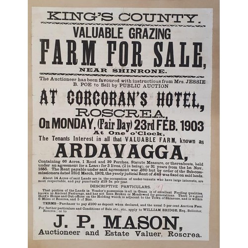 332 - Superb 1903 auction poster 46 x 55cms. – black on white paper; mounted on card. Kings County (... 