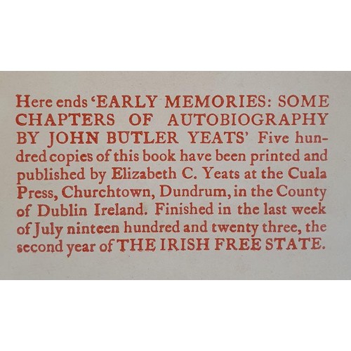 478 - Irish Interest: Early Memories: Some Chapters of Autobiography By John Butler Yeats. Ed of 500. 1923... 