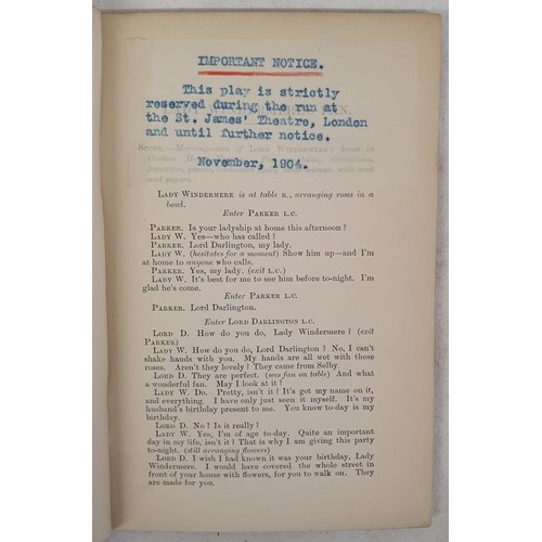 64A - Oscar Wilde. Lady Windermere's Fan - A Play in Four Acts. London. 1904 with scarce tipped in typed n... 