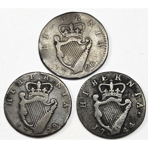 51 - Ireland, George II (1727-60), Copper Farthings x 3, 1738, 1744 and 1760. Laureate head left, GEORGIU... 