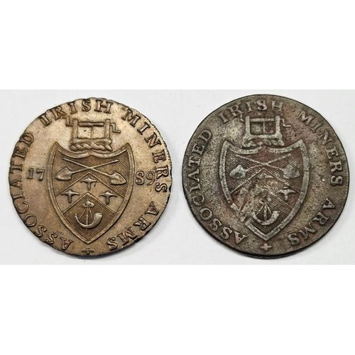 58 - Cronebane Half Penny, Associated Irish Miners Arms 1789 and another example with no year (2)